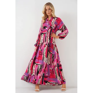 2423 Otantik Desenli Tesettür Elbise - Siyah - Mor