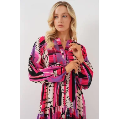 2423 Otantik Desenli Tesettür Elbise - Siyah - Mor