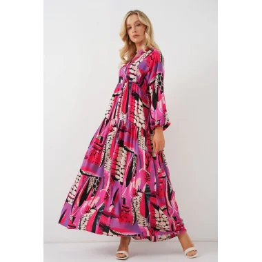 2423 Otantik Desenli Tesettür Elbise - Siyah - Mor