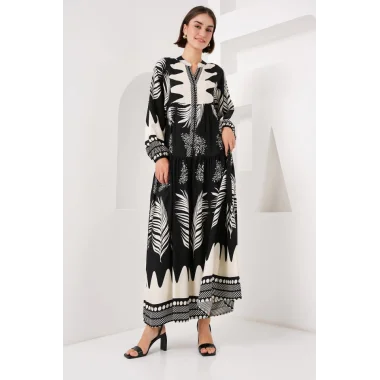2423 Otantik Desenli Tesettür Elbise - Siyah1