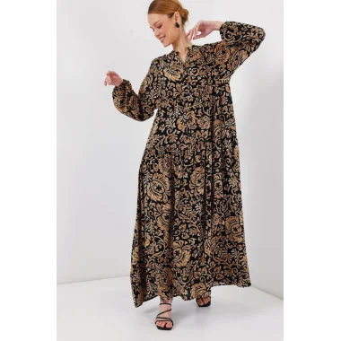 2423 Otantik Desenli Tesettür Elbise - Siyah10