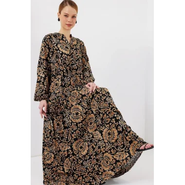 2423 Otantik Desenli Tesettür Elbise - Siyah10