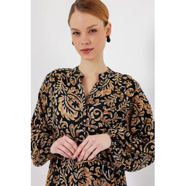 2423 Otantik Desenli Tesettür Elbise - Siyah10