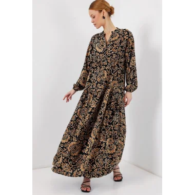 2423 Otantik Desenli Tesettür Elbise - Siyah10