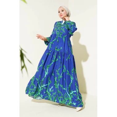 2423 Otantik Desenli Tesettür Elbise - T. Lacivert
