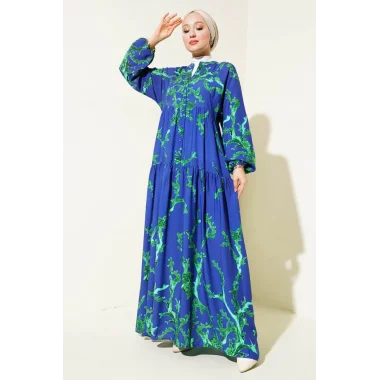 2423 Otantik Desenli Tesettür Elbise - T. Lacivert