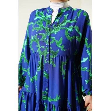 2423 Otantik Desenli Tesettür Elbise - T. Lacivert