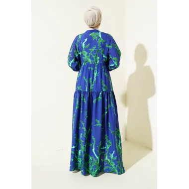 2423 Otantik Desenli Tesettür Elbise - T. Lacivert