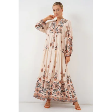 2423 Otantik Desenli Tesettür Elbise - TURUNCU 1