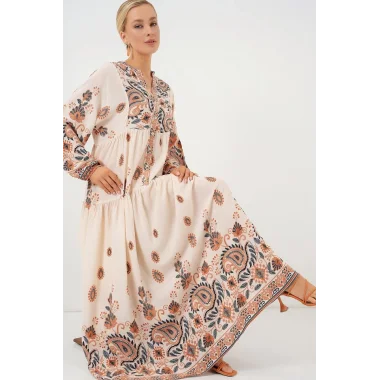 2423 Otantik Desenli Tesettür Elbise - TURUNCU 1