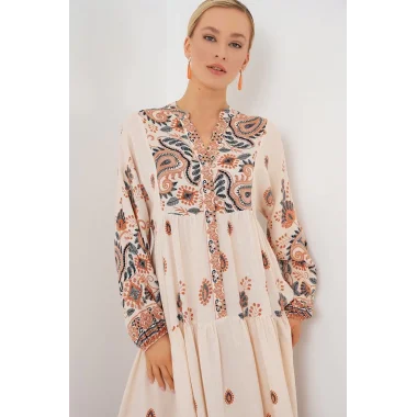 2423 Otantik Desenli Tesettür Elbise - TURUNCU 1