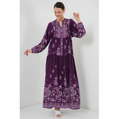 2423 Otantik Desenli Tesettür Elbise - Y. Mor