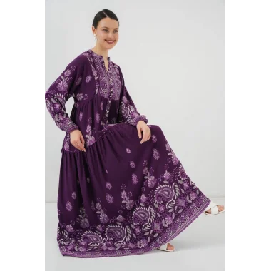 2423 Otantik Desenli Tesettür Elbise - Y. Mor