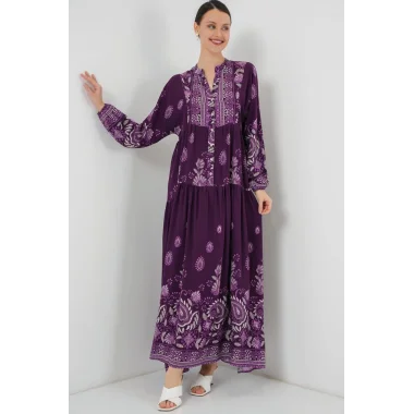 2423 Otantik Desenli Tesettür Elbise - Y. Mor