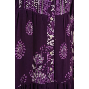 2423 Otantik Desenli Tesettür Elbise - Y. Mor