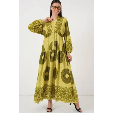 2423 Otantik Desenli Tesettür Elbise - Yağ Yeşili 2