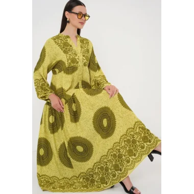 2423 Otantik Desenli Tesettür Elbise - Yağ Yeşili 2