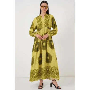 2423 Otantik Desenli Tesettür Elbise - Yağ Yeşili 2