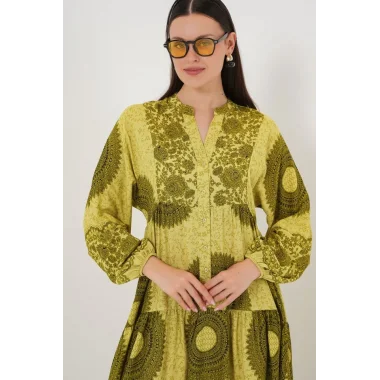 2423 Otantik Desenli Tesettür Elbise - Yağ Yeşili 2