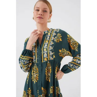 2423 Otantik Desenli Tesettür Elbise - Yeşil 7