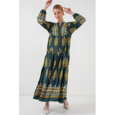 2423 Otantik Desenli Tesettür Elbise - Yeşil 7