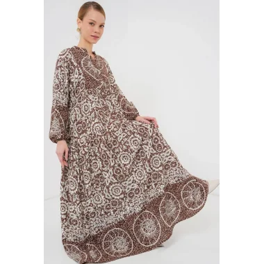 2423 Otantik Desenli Tesettür Elbise - Y.Kahve