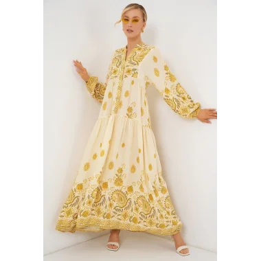 2423 Otantik Desenli Tesettür Elbise - Y.Sarı