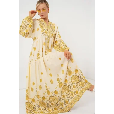 2423 Otantik Desenli Tesettür Elbise - Y.Sarı
