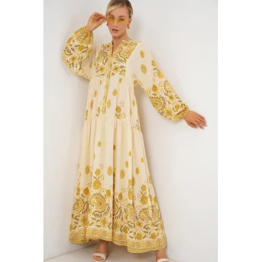 2423 Otantik Desenli Tesettür Elbise - Y.Sarı