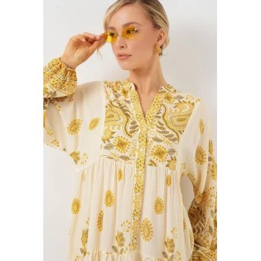 2423 Otantik Desenli Tesettür Elbise - Y.Sarı