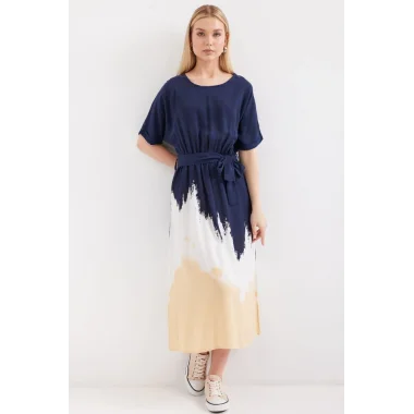 2504 Desenli Kısa Kol Viskon Elbise - Lacivert