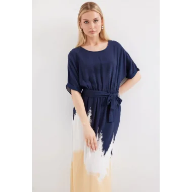 2504 Desenli Kısa Kol Viskon Elbise - Lacivert