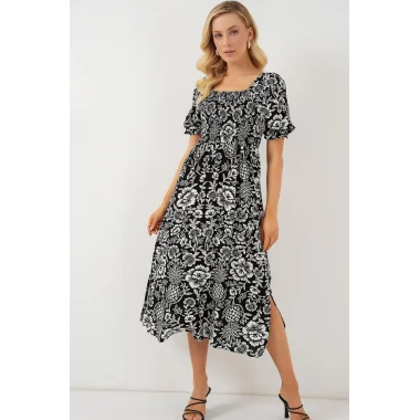 2512 Desenli Yırtmaçlı Elbise - D. Siyah