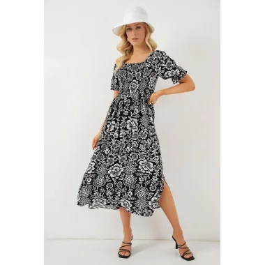 2512 Desenli Yırtmaçlı Elbise - D. Siyah
