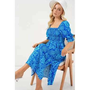 2512 Desenli Yırtmaçlı Elbise - Mavi