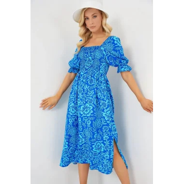 2512 Desenli Yırtmaçlı Elbise - Mavi