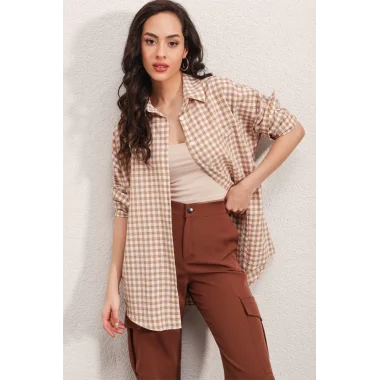 3900 Oversize Kareli Gömlek - Y.Bej