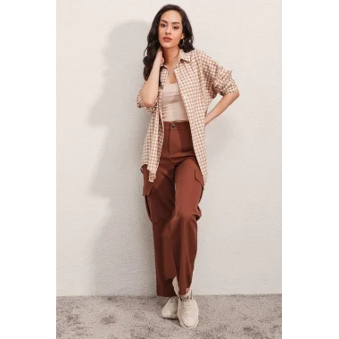 3900 Oversize Kareli Gömlek - Y.Bej