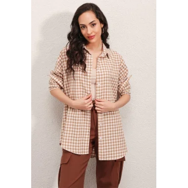 3900 Oversize Kareli Gömlek - Y.Bej