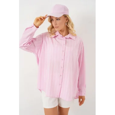 3900 Oversize Kareli Gömlek - Y.Pembe