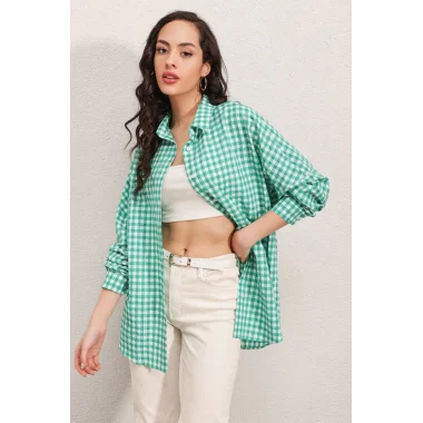 3900 Oversize Kareli Gömlek - Y.Yeşil