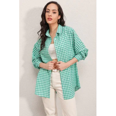 3900 Oversize Kareli Gömlek - Y.Yeşil