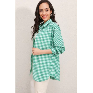 3900 Oversize Kareli Gömlek - Y.Yeşil