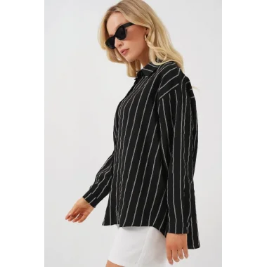 3900 Oversize Uzun Basic Gömlek - C. Siyah