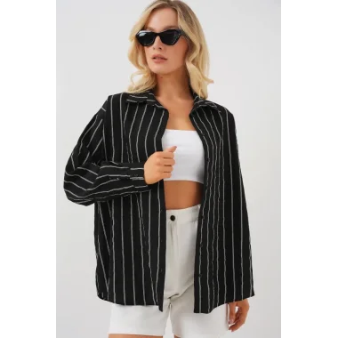3900 Oversize Uzun Basic Gömlek - C. Siyah