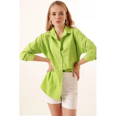 3900 Oversize Uzun Basic Gömlek - G.Yeşil