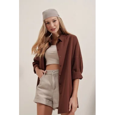3900 Oversize Uzun Basic Gömlek - Kahverengi
