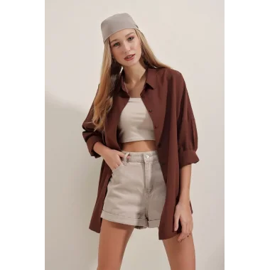 3900 Oversize Uzun Basic Gömlek - Kahverengi
