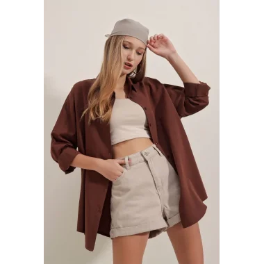 3900 Oversize Uzun Basic Gömlek - Kahverengi