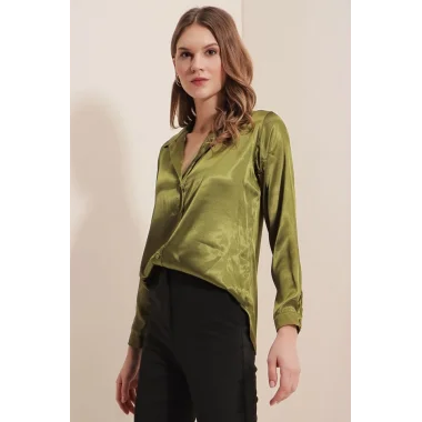 3964 Hafif Dökümlü Saten Gömlek - Y.Haki